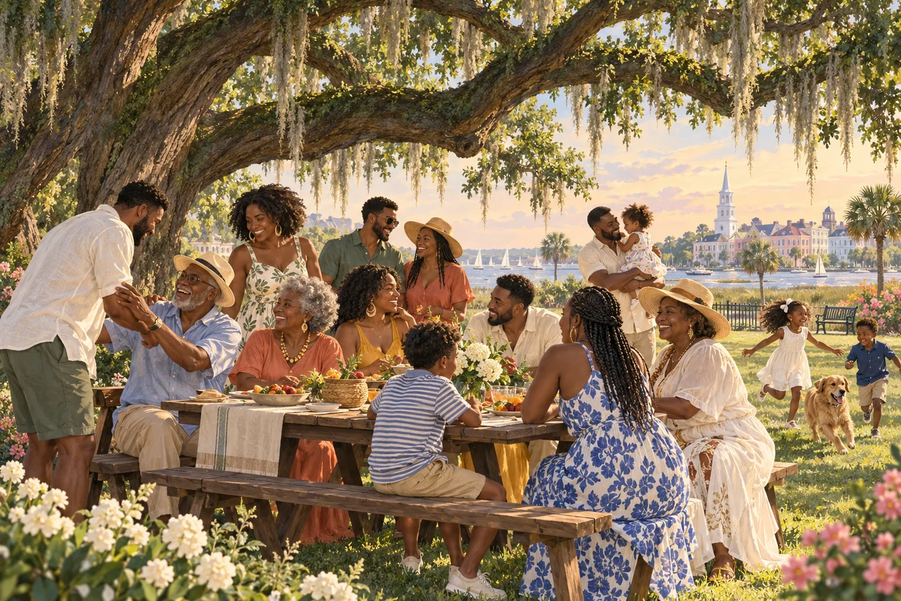 Illustration of a multigenerational family sharing a reunion picnic beneath live oaks beside the Charleston waterfront.